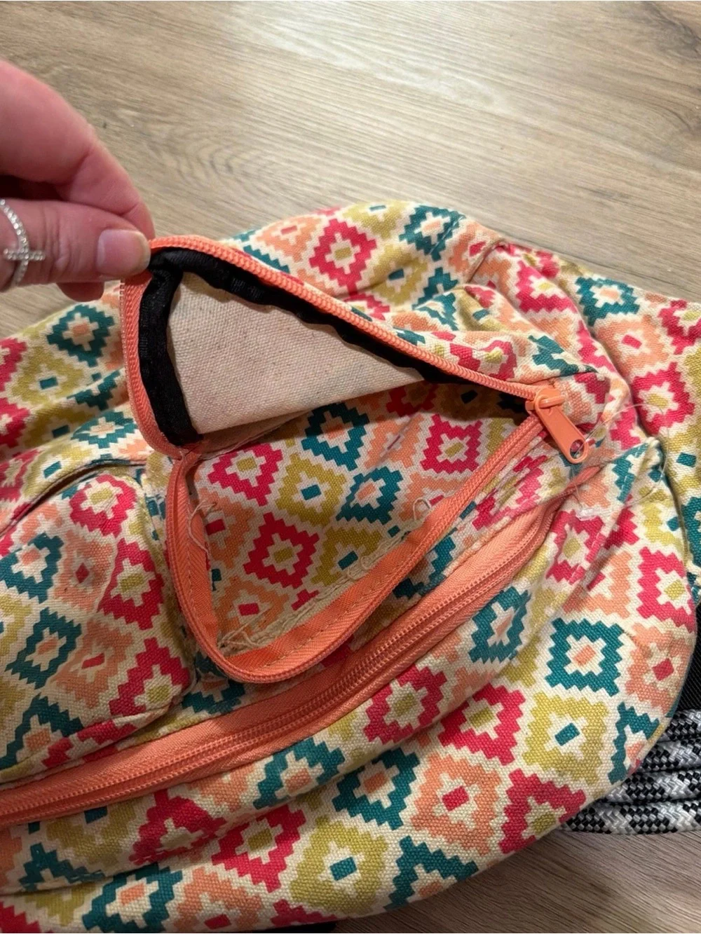 Kavu Multicolor Geometric Rope Sling Bag - Coral, Teal, Mustard